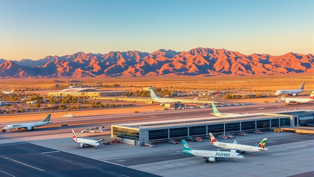 Desert landscape view of Phoenix Sky Harbor International Airport with mountains, modern terminal buildings, aircraft parked at gates, Arizona desert terrain, professional travel imagery