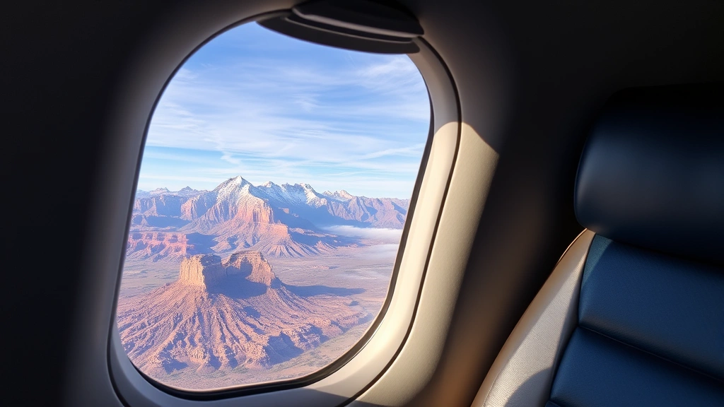 Interior of modern airplane cabin during flight showing window seat view of Colorado Rocky Mountains and Arizona desert landscape below, natural lighting, authentic travel experience