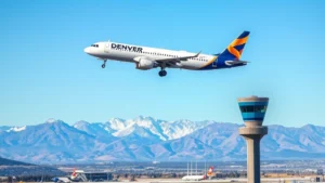 Modern commercial airplane ascending from Denver International Airport with Rocky Mountains visible below, clear blue sky, photorealistic aviation photography