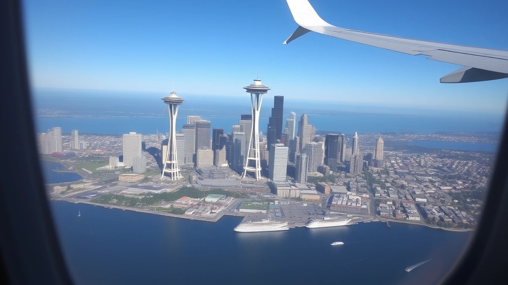Seattle skyline featuring Space Needle and waterfront from airplane window during descent, Puget Sound waters visible, daytime aerial view, photorealistic travel perspective