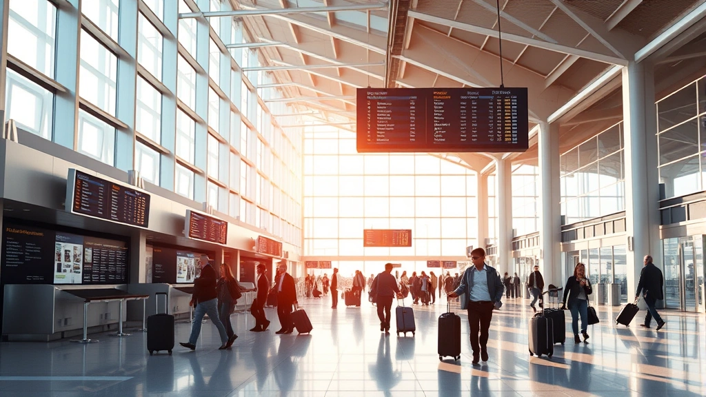 Airport terminal interior showing departure boards, travelers with luggage, modern architecture, natural lighting from windows, photorealistic transportation hub scene