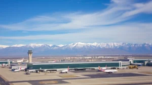 Aerial view of Denver International Airport with snow-capped Rocky Mountains in background, modern terminal buildings and aircraft on tarmac, professional photography, daytime