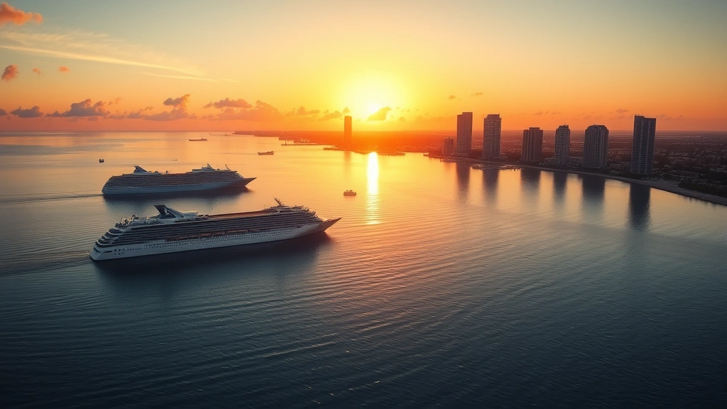 Sunrise over Tampa Bay with cruise ships and boats visible, downtown skyline reflected in calm water, golden hour lighting, peaceful beach scene, photorealistic