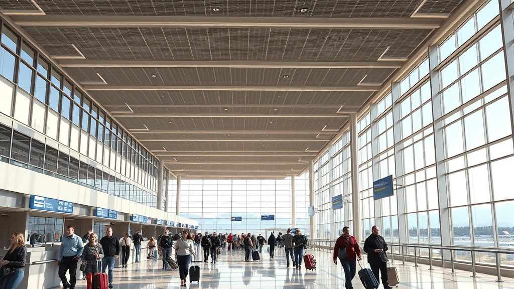 Photorealistic image of Denver International Airport departure hall with modern architecture, travelers with luggage walking past ticket counters, natural lighting from large windows, mountains visible through windows in background, bustling airport atmosphere