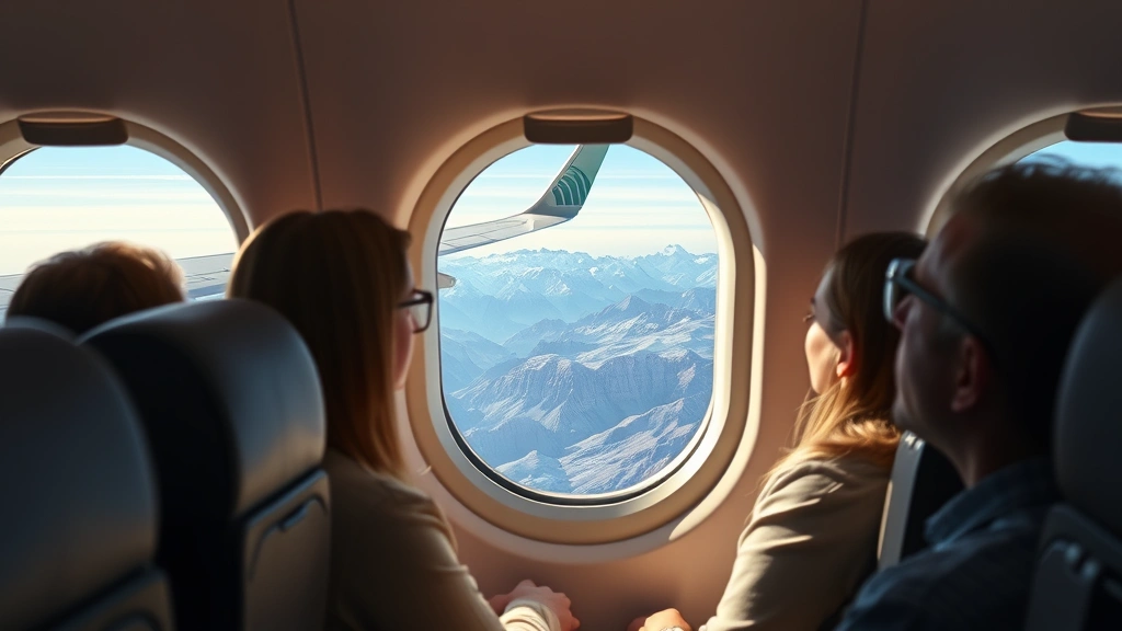 Photorealistic image of airplane cabin interior during flight, passengers seated looking out window at Rocky Mountain landscape below, wing visible against blue sky and terrain, bright daylight, comfortable cabin setting