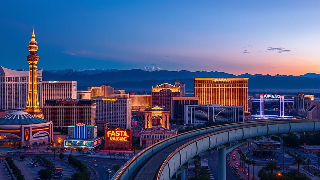 Photorealistic image of Las Vegas Strip skyline at dusk with iconic casinos and hotels illuminated, Monorail track visible in foreground, mountains in background, golden hour lighting, vibrant cityscape
