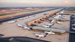 Aerial view of Detroit Metropolitan Airport with multiple aircraft parked at gates during daytime, showing terminal buildings and tarmac infrastructure
