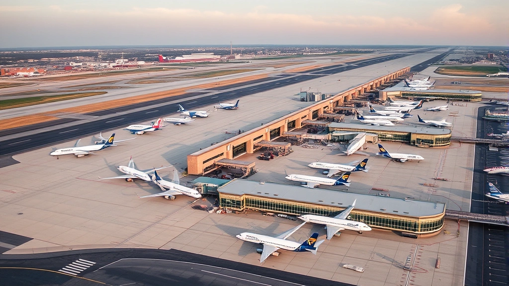 Aerial view of Detroit Metropolitan Airport with multiple aircraft parked at gates during daytime, showing terminal buildings and tarmac infrastructure