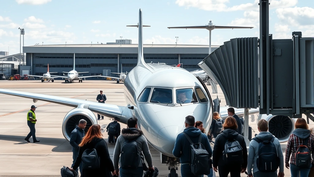Passengers boarding a regional jet at Detroit airport gate, with ground crew and airport staff visible, realistic travel scene with natural lighting