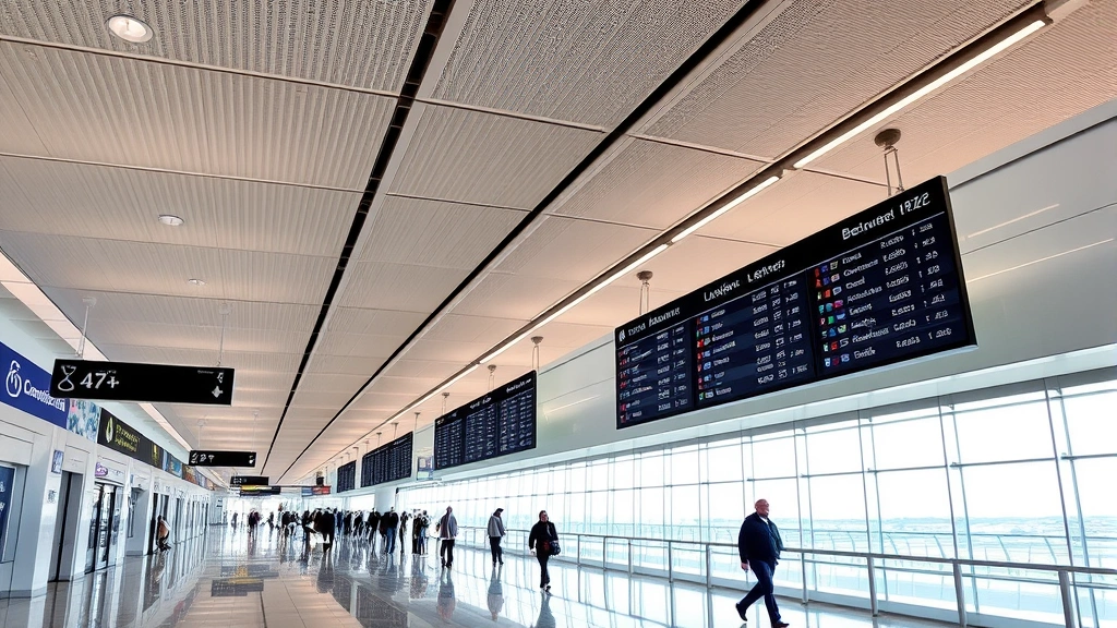 Boston Logan Airport terminal interior with passengers walking through modern corridor, departure boards overhead, bright airport lighting and contemporary architecture