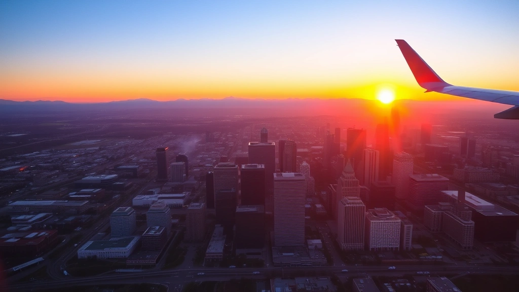 Aerial view of Denver skyline with Rocky Mountains in background during golden hour sunset, showing downtown skyscrapers and mountain landscape from airplane window perspective