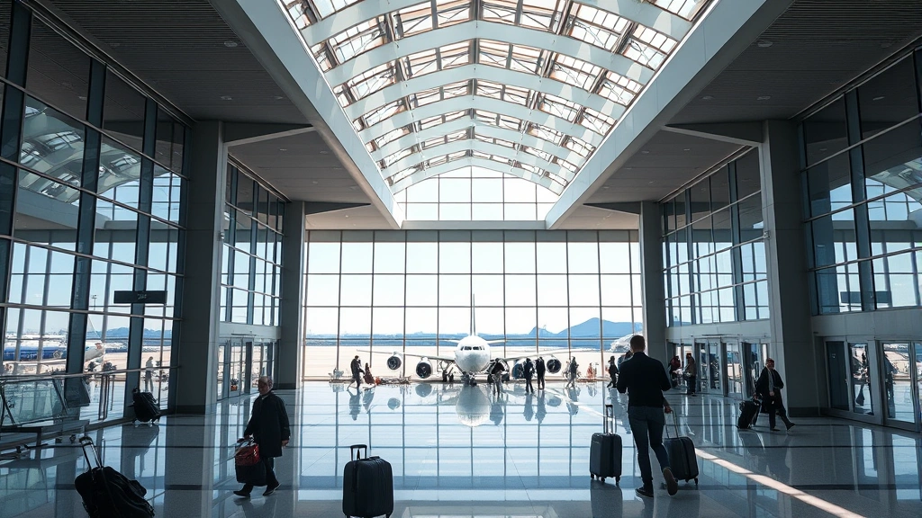 Detroit Metropolitan Airport terminal interior showing modern gate areas with aircraft visible through windows, travelers with luggage, bright natural lighting from skylights