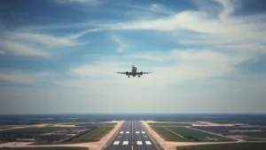 Aerial view of Detroit Metropolitan Airport runway with commercial aircraft taking off into blue sky, Michigan landscape visible below, professional aviation photography