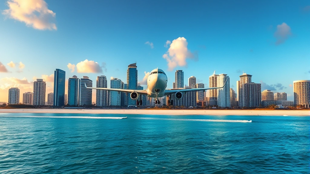 Aerial view of Miami skyline with turquoise ocean waters and white sandy beaches, commercial aircraft approaching landing with wheels down, golden hour sunset lighting, realistic photography