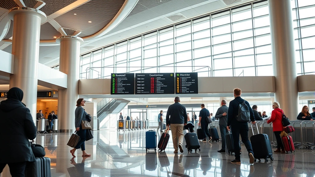 Detroit Metropolitan Airport terminal interior with modern architecture, passengers at departure gate with luggage, departure board visible, natural window lighting, professional travel photography