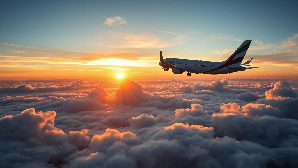 Commercial aircraft in flight above clouds at sunset, Miami International Airport runway visible below, realistic aviation photography, no aircraft registration text visible, golden light