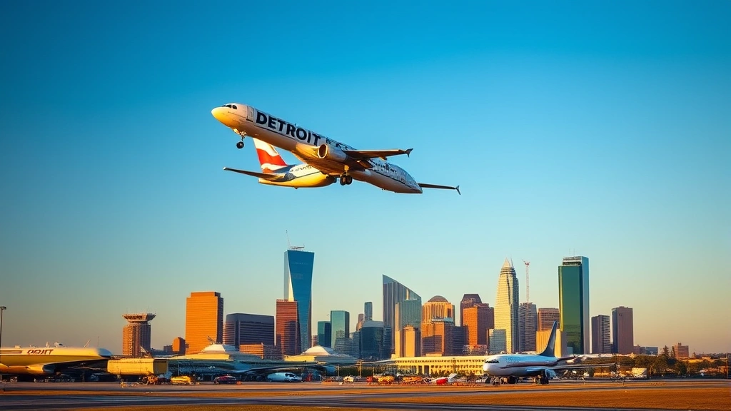 Commercial airplane taking off from Detroit Metropolitan Airport with city skyline in background, golden hour lighting, professional aviation photography, clear blue sky