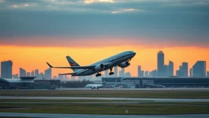 Modern commercial aircraft taking off from Chicago O'Hare International Airport at sunrise, with city skyline visible in background, realistic photography style