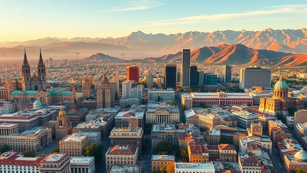 Aerial view of Mexico City skyline featuring historic buildings, modern skyscrapers, and surrounding mountains at golden hour, photorealistic travel photography