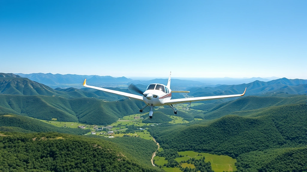Photorealistic image of small Cessna aircraft in flight over green valley landscape with mountains in background, bright daylight, aerial perspective showing terrain below