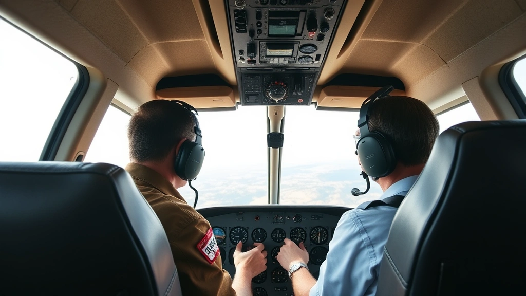 Detailed view of aircraft cockpit interior with instructor and passenger at controls, hands on yoke, instrument panel visible, natural window light showing scenic landscape outside