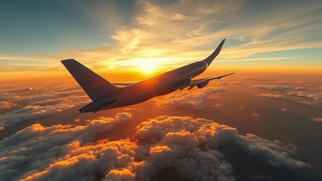 Wide-angle view of commercial aircraft in flight at sunset over ocean, golden hour lighting, realistic clouds below, professional aviation photography, no text visible