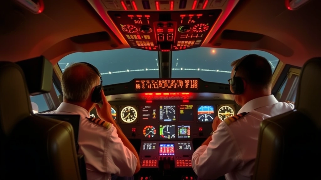 Cockpit view showing pilots communicating with air traffic control during flight operations, multiple instruments illuminated, professional aviation environment, no readable text on displays