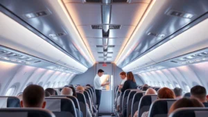 Modern aircraft cabin interior with passengers seated comfortably, overhead bins, and cabin crew serving passengers during flight