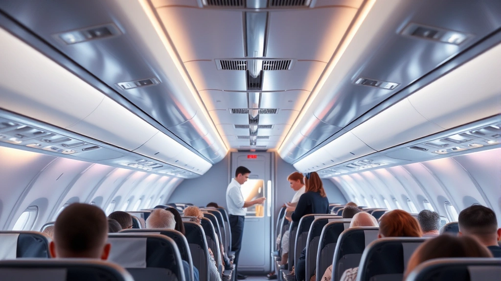 Modern aircraft cabin interior with passengers seated comfortably, overhead bins, and cabin crew serving passengers during flight