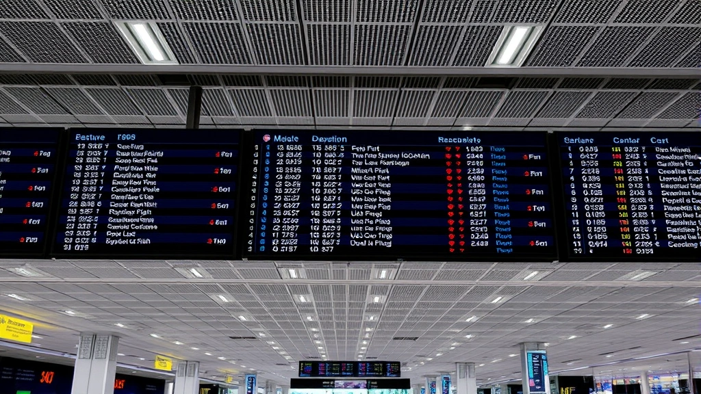 Airport terminal departure hall with electronic flight information display boards showing various flight statuses and departure times