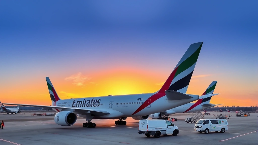 Emirates aircraft on tarmac at sunset with ground service vehicles, showing the distinctive livery and modern design of the aircraft