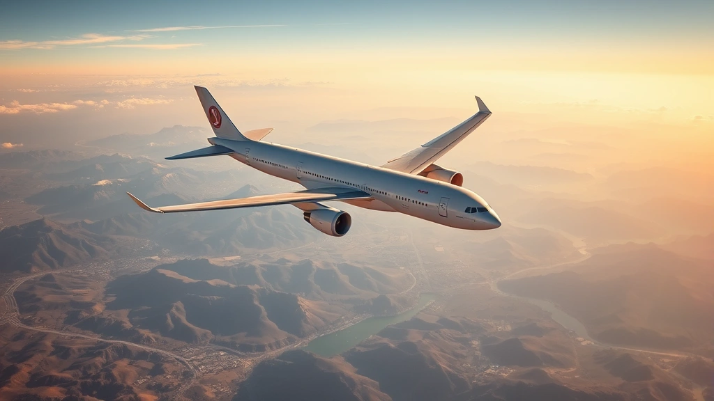 Aerial view of commercial aircraft flying over diverse landscape with mountains and coastline visible below, bright daylight conditions, realistic photography style