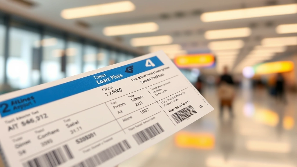 Close-up of airline ticket with boarding pass details and flight information, modern airport terminal background slightly blurred, professional travel document photography