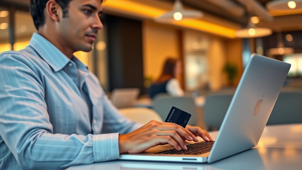 Travel agent or passenger using laptop to book flights with credit card visible, modern office environment, warm lighting, genuine booking scenario