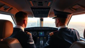 Emirates Boeing 777 cockpit view with first officer and captain in professional uniforms, modern aircraft interior, warm cabin lighting, Dubai skyline visible through window