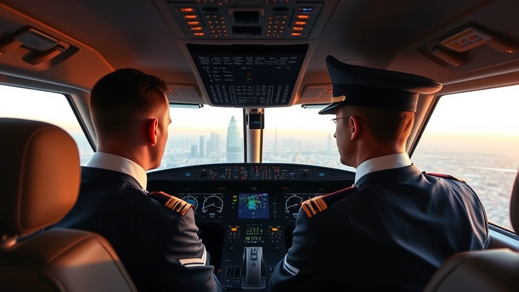 Emirates Boeing 777 cockpit view with first officer and captain in professional uniforms, modern aircraft interior, warm cabin lighting, Dubai skyline visible through window