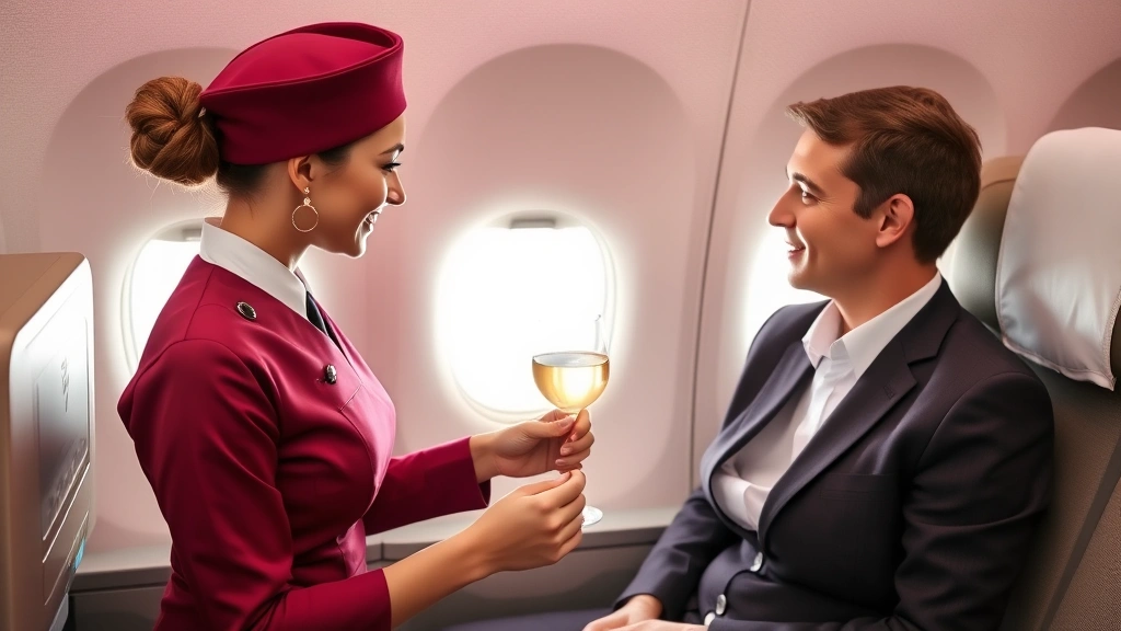 Emirates flight attendant in burgundy uniform serving premium beverage to passenger in first class, elegant white glassware, aircraft cabin luxury setting, professional hospitality moment