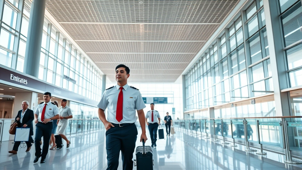 Dubai airport terminal interior with Emirates staff in uniform walking through modern architecture, international travelers, professional aviation environment, natural daylight
