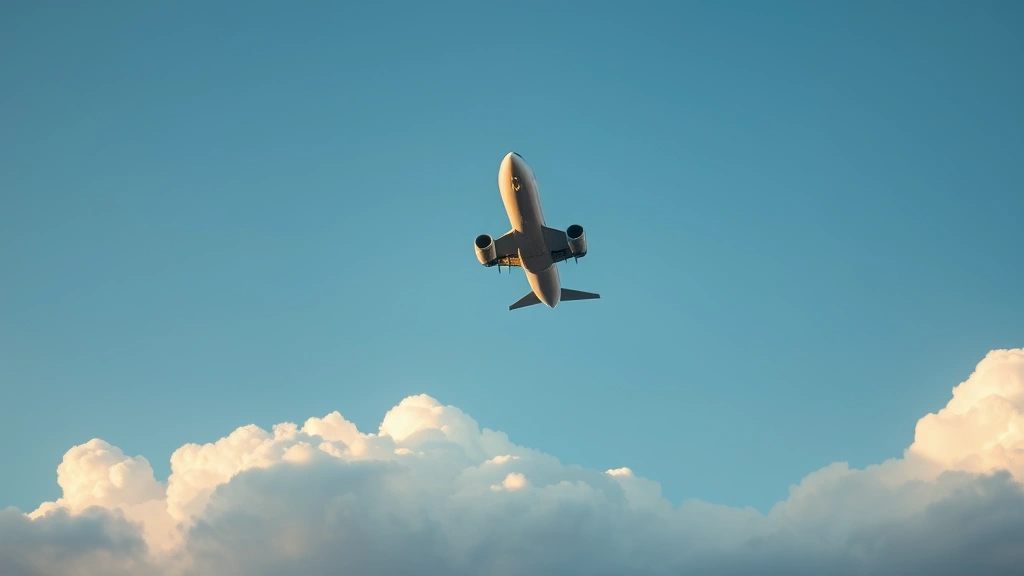 Boeing 777 aircraft climbing through clear blue sky with puffy white clouds below, shot from ground level looking upward, dramatic angle, golden hour lighting, no text or markings visible