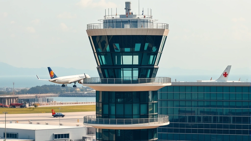 Modern airport control tower with aircraft approaching in background, Taiwan coastal landscape visible, clear weather conditions, professional aviation infrastructure, daytime photography