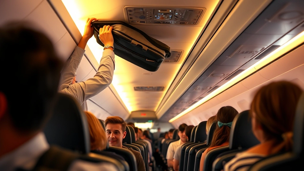 Cabin crew member assisting passengers with overhead luggage inside wide-body aircraft interior, warm cabin lighting, diverse passengers, modern aircraft cabin design, no airline logos or text visible