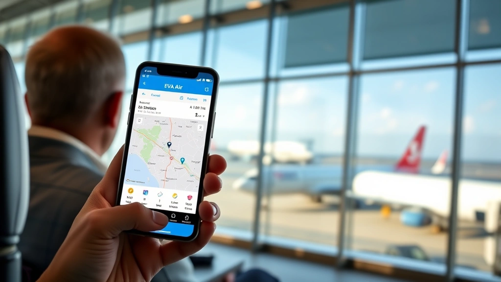 Passenger holding smartphone showing EVA Air flight tracking app with real-time aircraft location map and status information on screen, sitting in modern airport terminal with large windows showing aircraft outside