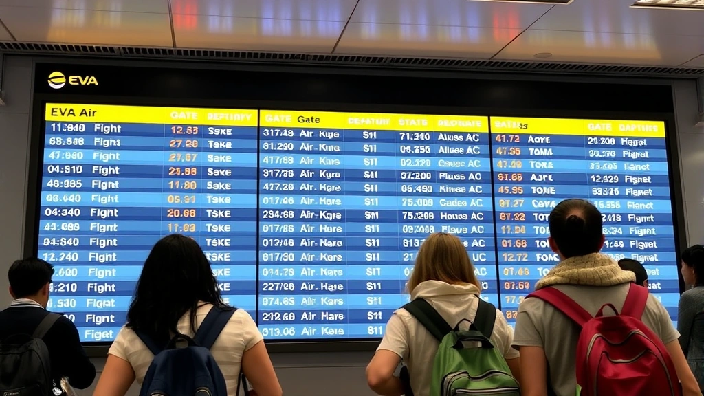 Bright modern airport departure board displaying EVA Air flight numbers, gate assignments, and status updates, with diverse passengers in casual travel attire consulting the information