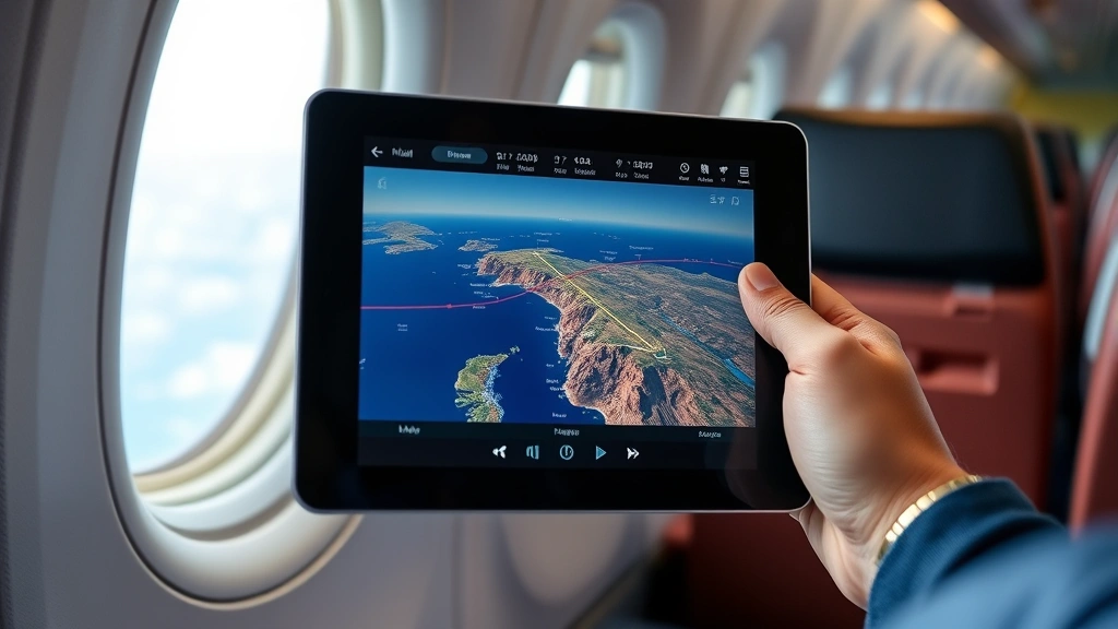 Close-up of tablet screen displaying detailed flight tracking with map showing aircraft route, altitude, and real-time position over ocean or landscape, hand holding device in airplane cabin with window seat view