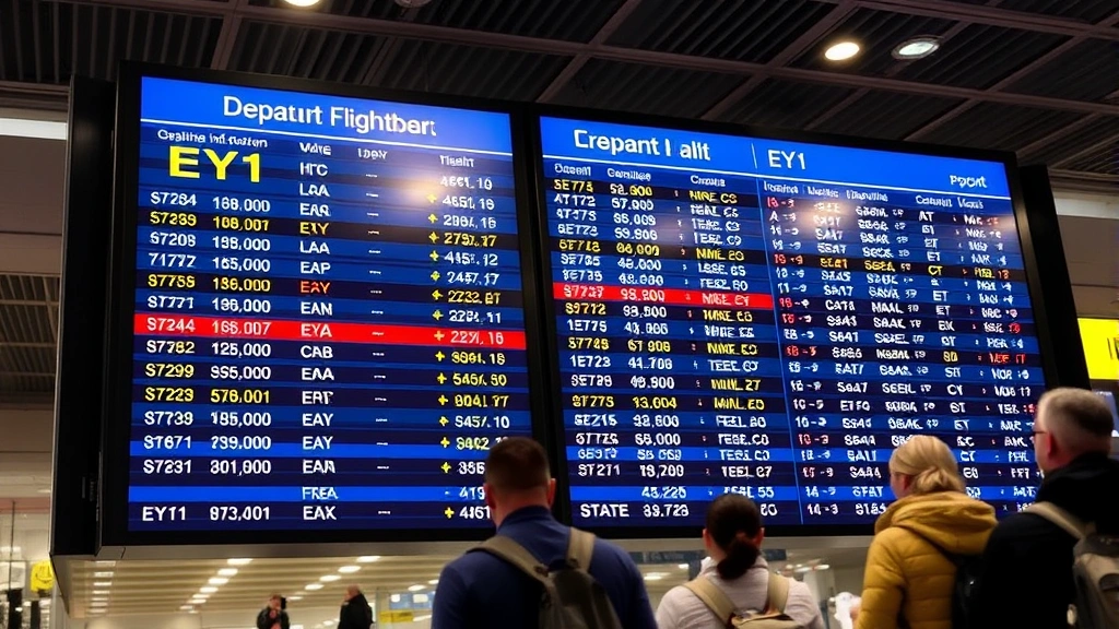 Modern airport departure board displaying flight information with EY1 flight number and status updates, bright terminal lighting, travelers checking information