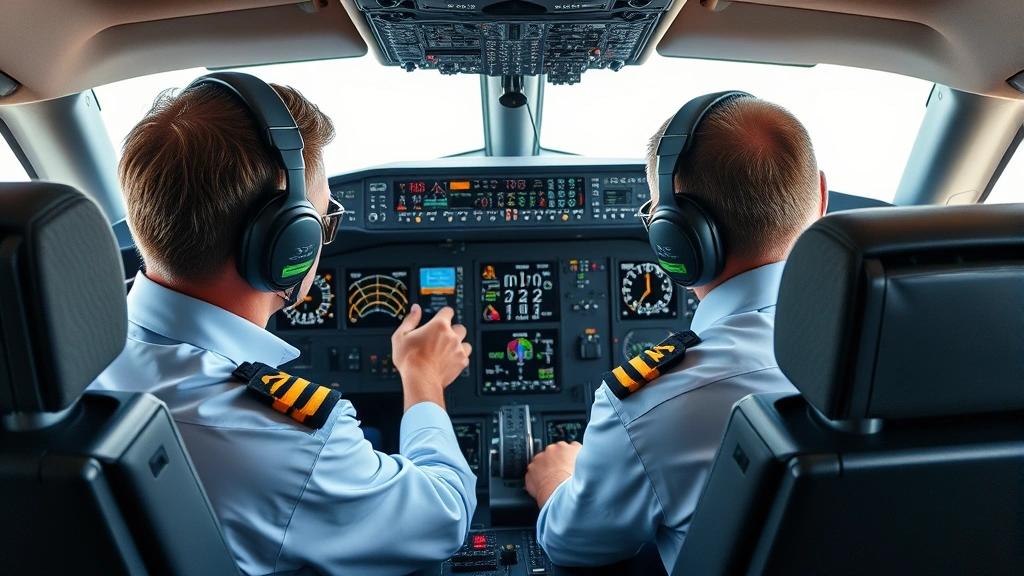 Pilot and co-pilot in aircraft cockpit checking instruments and flight management system, professional aviation environment, detailed technical displays