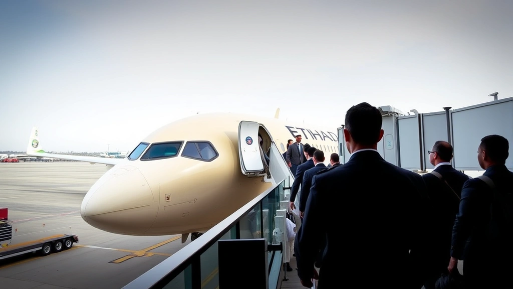 Passengers boarding modern Etihad Airways aircraft at airport gate, boarding bridge connecting terminal to plane, organized boarding process with staff assistance