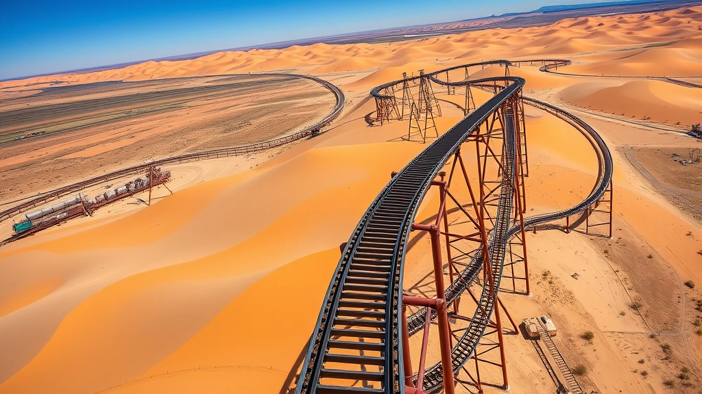 Aerial view of Falcon's Flight roller coaster track winding through desert landscape with long straightaways and dramatic curves, golden sand dunes visible in background, clear blue sky, professional photography
