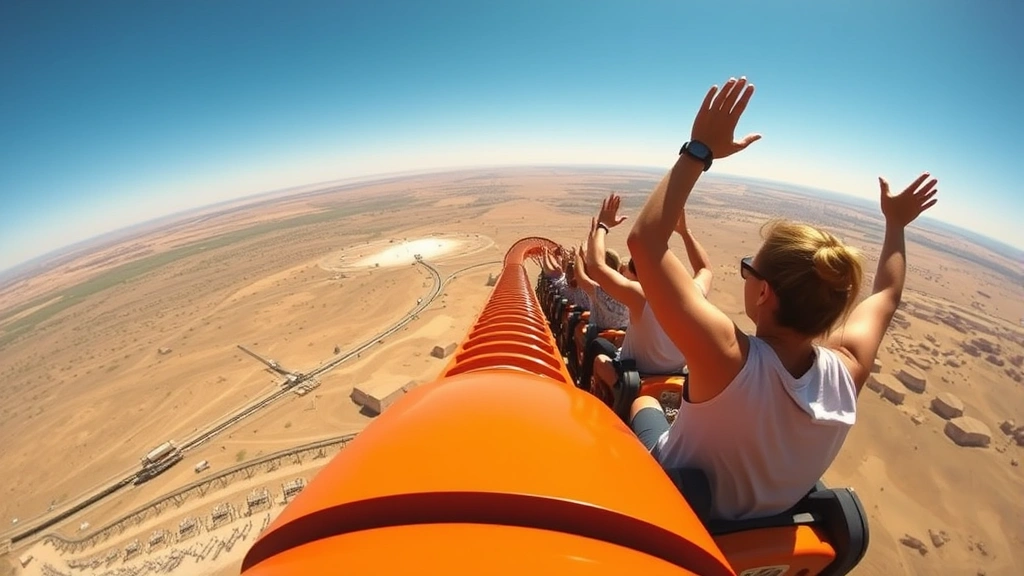 Close-up of roller coaster train at the peak of a massive hill, riders with arms raised experiencing weightlessness, desert horizon stretching behind them, intense moment of airtime, dynamic perspective