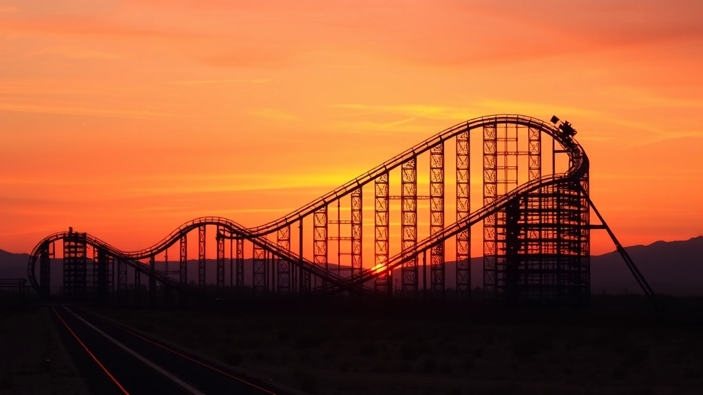 Sunset view of the complete Falcon's Flight coaster structure against orange and pink sky, track silhouetted against vibrant desert sunset, architectural grandeur visible, serene yet majestic composition
